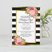 Invitation Black White Gold et Pink Floral Graduation Party (Debout devant)
