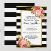 Invitation Black White Gold et Pink Floral Graduation Party (Devant / Derrière)