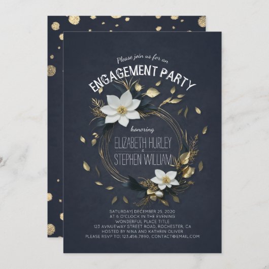 Invitation Black White & Gold Floral Mariage (Devant / Derrière)