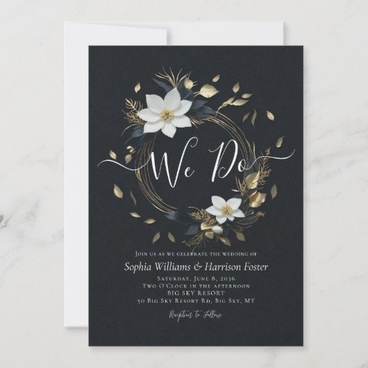 Invitation Black White Gold Floral Wreath We Do Mariage Photo (Devant)