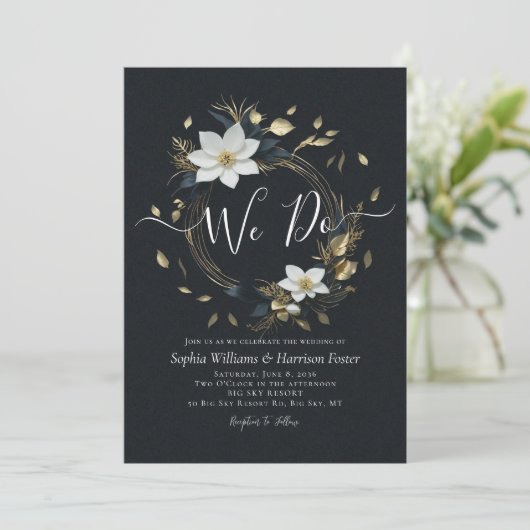 Invitation Black White Gold Floral Wreath We Do Mariage Photo (Debout devant)