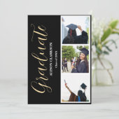 Invitation Black & White Gold Graduation 2025 3 Photos Party (Debout devant)