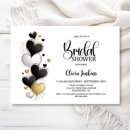 Invitation Black White Gold Hearts Bridal Shower