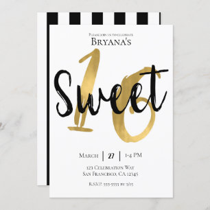 Invitation Black White Gold Modern Sweet 16 Anniversaire