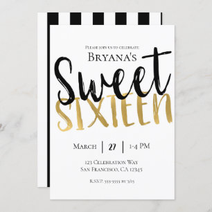 Invitation Black White Gold Modern Sweet 16 SIXTEEN Party