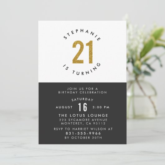 Invitation Black White & Gold Moderne 21e fête d'anniversaire (Debout devant)