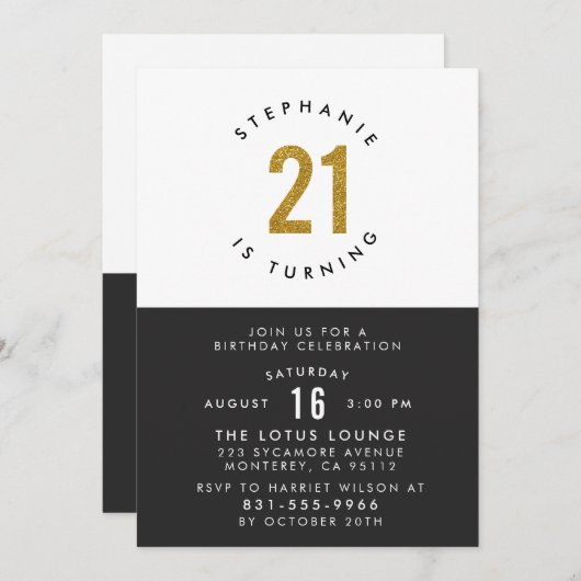 Invitation Black White & Gold Moderne 21e fête d'anniversaire (Devant / Derrière)