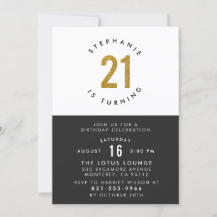 Invitation Black White & Gold Moderne 21e fête d'anniversaire