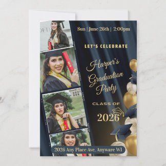 Invitation Black White & Gold Photo Graduation Party Invite