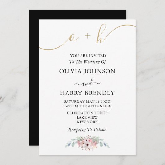 Invitation Black White Gold Rustic Eucalyptus Mariage Invitat (Devant / Derrière)