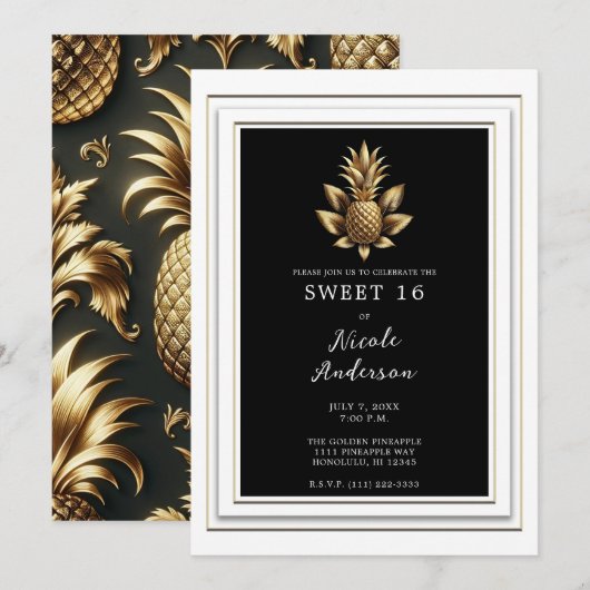 Invitation Black White & Gold Tropical Pineapple Sweet 16 (Devant / Derrière)