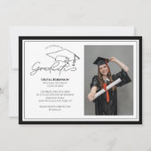 Invitation Black White Graduation cap typography photo (Devant)