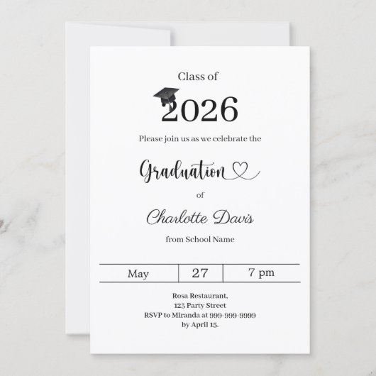 Invitation Black white Graduation party class of 2026 (Devant)