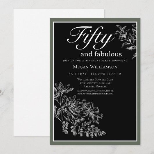 Invitation Black White Green Floral 50 et Fabuleux anniversai (Devant / Derrière)