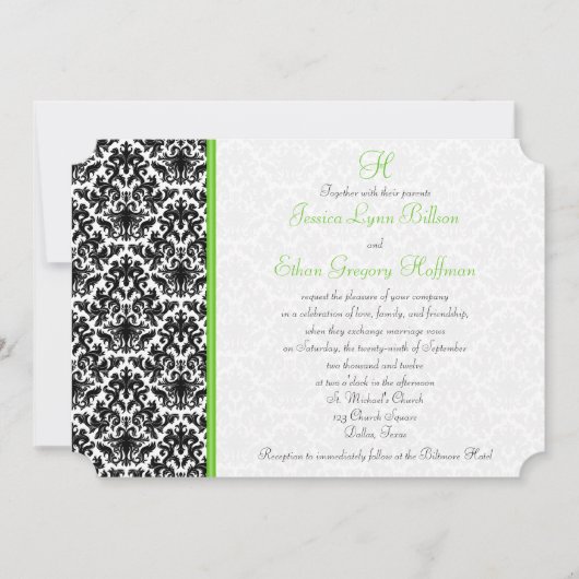 Invitation Black, White, Green Mariage damassé (Devant)