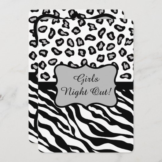 Invitation Black White Grey Zebra Leopard Girls Night Out (Devant / Derrière)