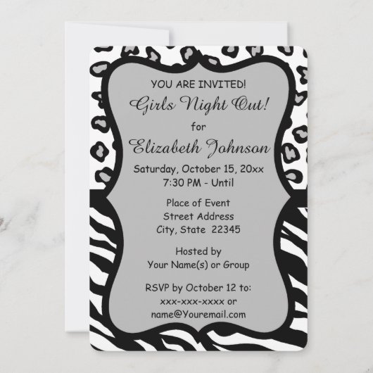 Invitation Black White Grey Zebra Leopard Girls Night Out (Dos)