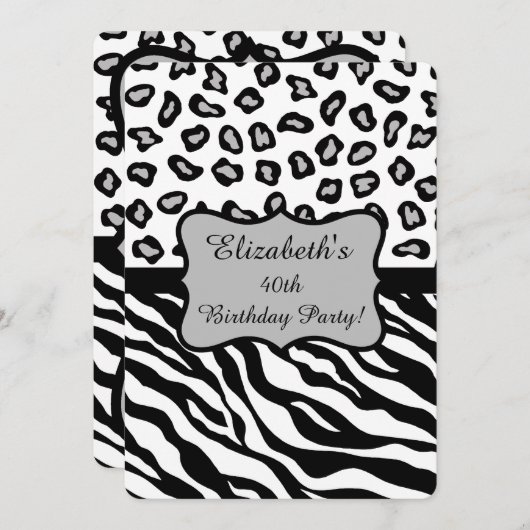 Invitation Black White Grey Zebra Leopard Skin 40e anniversai (Devant / Derrière)