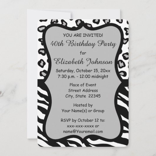 Invitation Black White Grey Zebra Leopard Skin 40e anniversai (Dos)