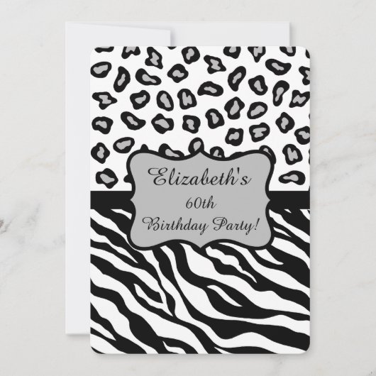 Invitation Black White Grey Zebra Leopard Skin 60e anniversai (Devant)