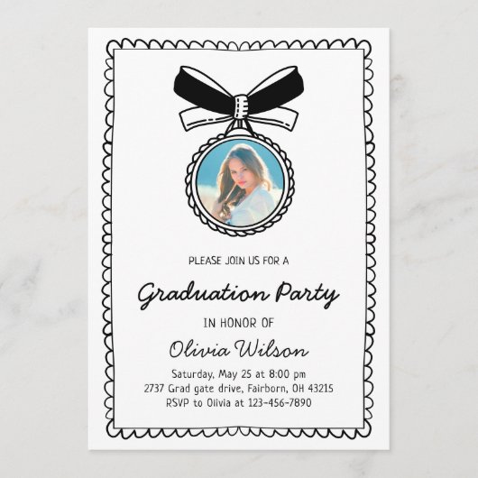 Invitation Black & White Hand Drawn Bow Graduation Party (Devant)
