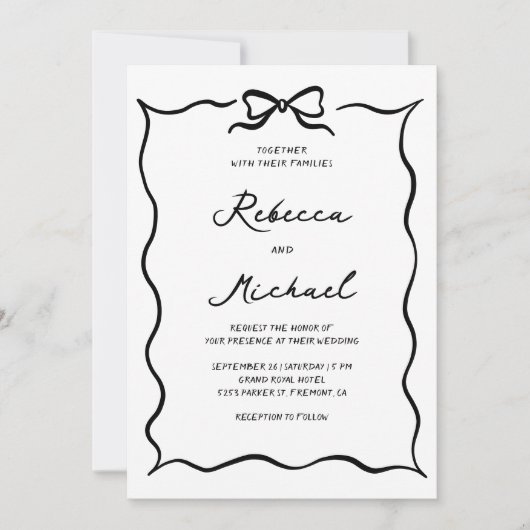 Invitation Black & White Hand Drawn Bow QR Code Photo Wedding (Devant)