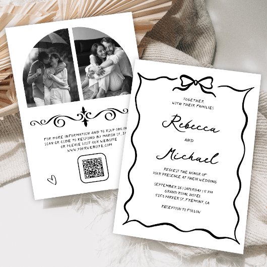 Invitation Black & White Hand Drawn Bow QR Code Photo Wedding