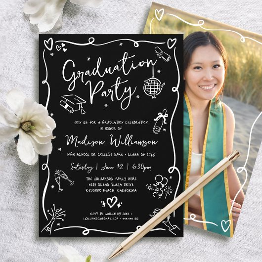 Invitation Black White Hand Drawn Doodle Photo Graduate Party