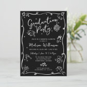 Invitation Black White Hand Drawn Doodle Photo Graduate Party (Debout devant)