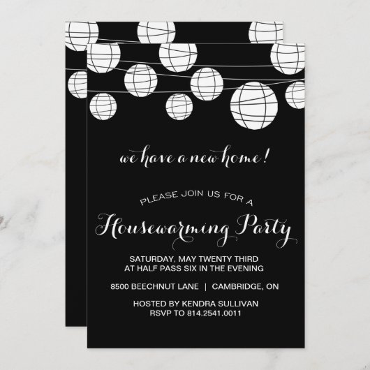 INVITATION BLACK WHITE LANTERNS HOUSEWARMINING PARTY INVITATI (Devant / Derrière)