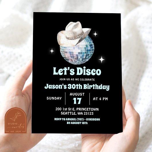Invitation Black White Let's Disco Seventies Anniversaire