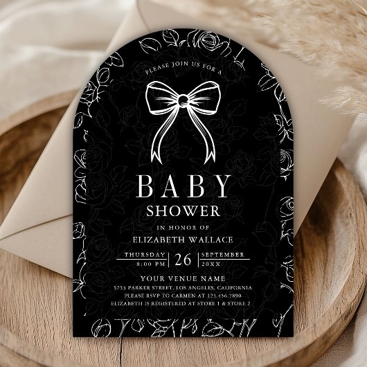 Invitation Black White Line Art Coquette Bow Baby shower