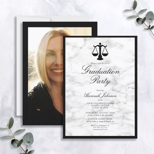 Invitation Black White Marble Law School Party de graduation