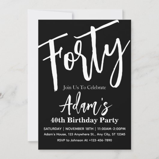 Invitation Black & White Modern 40e fête d'anniversaire (Devant)