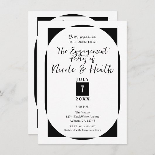 Invitation Black & White Modern Minimal Engagement Party (Devant / Derrière)
