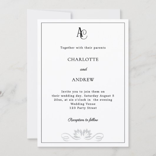 Invitation Black white modern monogram diamonds wedding (Devant)