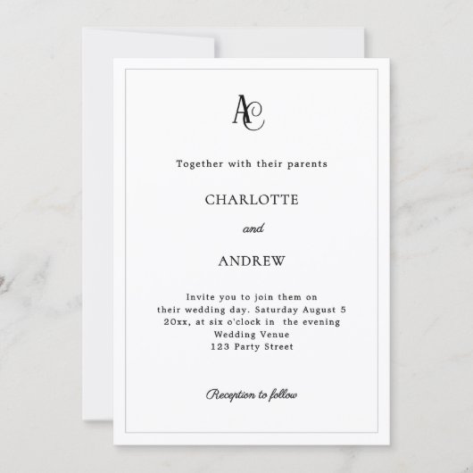 Invitation Black white modern monogram simple wedding (Devant)