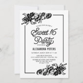 Invitation Black & White Moderne Accents Floraux Sweet sixtee (Devant)