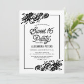 Invitation Black & White Moderne Accents Floraux Sweet sixtee (Debout devant)