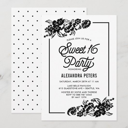 Invitation Black & White Moderne Accents Floraux Sweet sixtee (Devant / Derrière)
