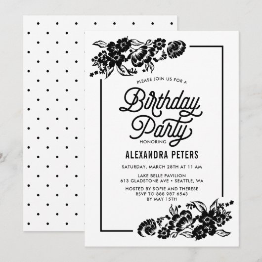 Invitation Black & White Moderne Floral Accents Anniversaire  (Devant / Derrière)