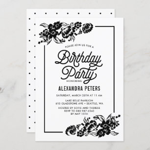 Invitation Black & White Moderne Floral Accents Anniversaire