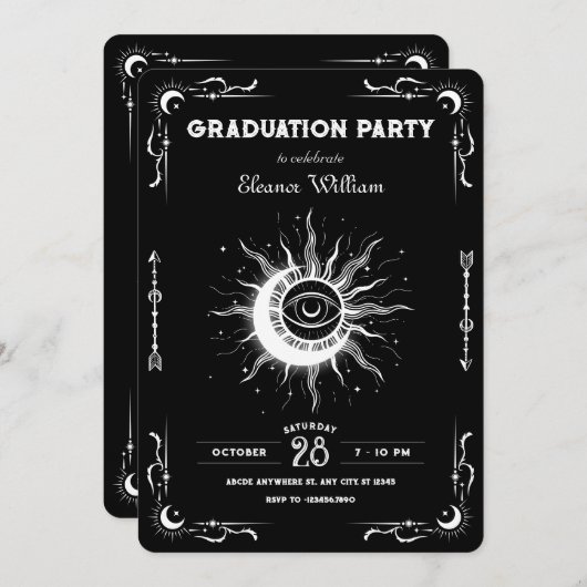 Invitation Black white moon sun tarot celestial graduation (Devant / Derrière)