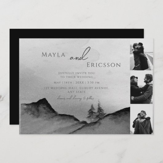 Invitation Black White Mountains Pine Trees 3 Photos Mariage (Devant / Derrière)