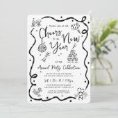 Invitation Black White New Year Cheer Hand Drawn Doodle Party (Debout devant)