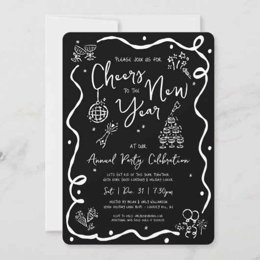 Invitation Black White New Year Cheer Hand Drawn Sketch Party (Devant)