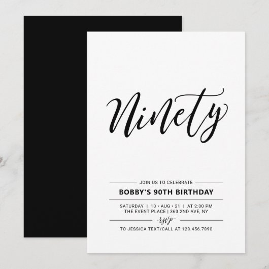 Invitation Black & White Ninety Minimal 90th Birthday Party (Devant / Derrière)