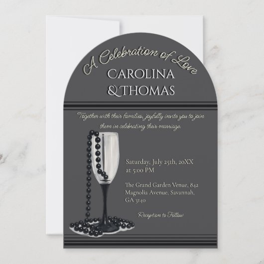 Invitation Black & White Pearl Champagne Glass Wedding (Devant)