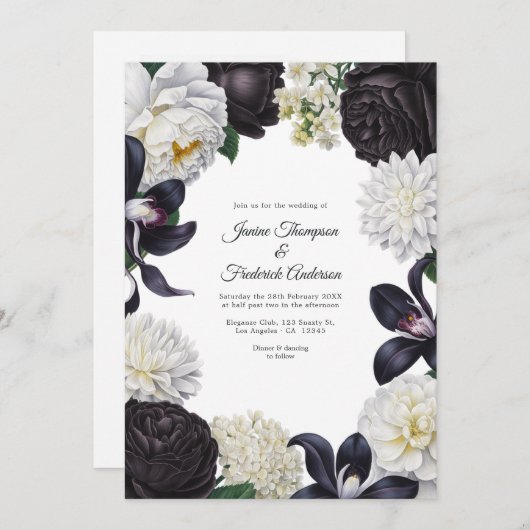 Invitation Black & White Photo/QR Code Floral Wedding (Devant / Derrière)