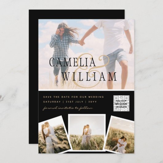 Invitation Black White PHOTO Wedding Inviter QR CODE Enregist (Devant / Derrière)